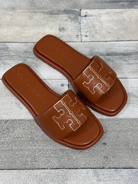 TORY BURCH Double T Sport Slide Sandal - Bourbon Miele / Gold - Sz - 7 .US